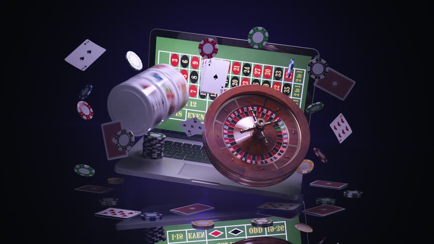 Casino online video game concept. Rulette, poker cards on laptop. 3d video animation. 3D Illustration