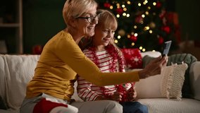 Elderly woman sharing festive moment with young granddaughter during heartwarming holiday video call, connecting generations through smartphone screen in cozy living room - Powered by Shutterstock - Get 15% off with code: PIKWIZARD15