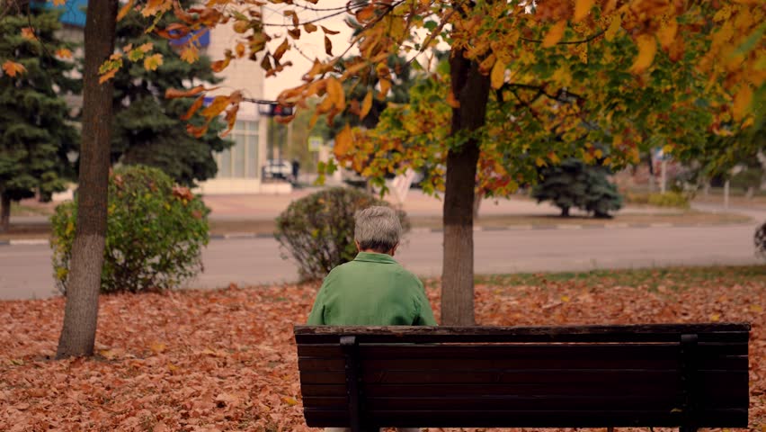 Lonely man sitting on bench in park looking at city street. Elderly man sitting on bench in city park. Elderly loneliness concept. Gray-haired woman resting on bench, autumn nature park. Lonely people