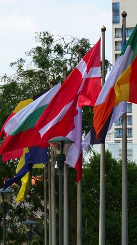 European Union Countries Flags and Green Trees in City of Brussels, Belgium. Slow Motion. Vertical Video
