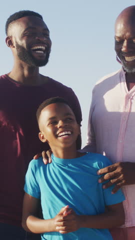 Vertical video: African American family sharing laughter reacting to each other's smiles under sky. Family, multigenerational, bond, happiness, outdoor, togetherness, vertical video