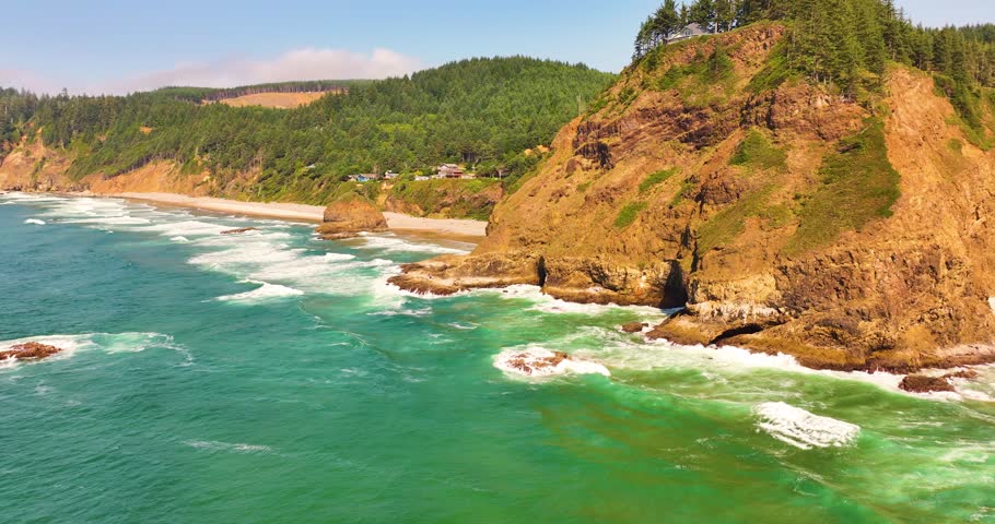 Scenic Drone Footage of Rocky Shoreline near Tunnel Beach, Oregon