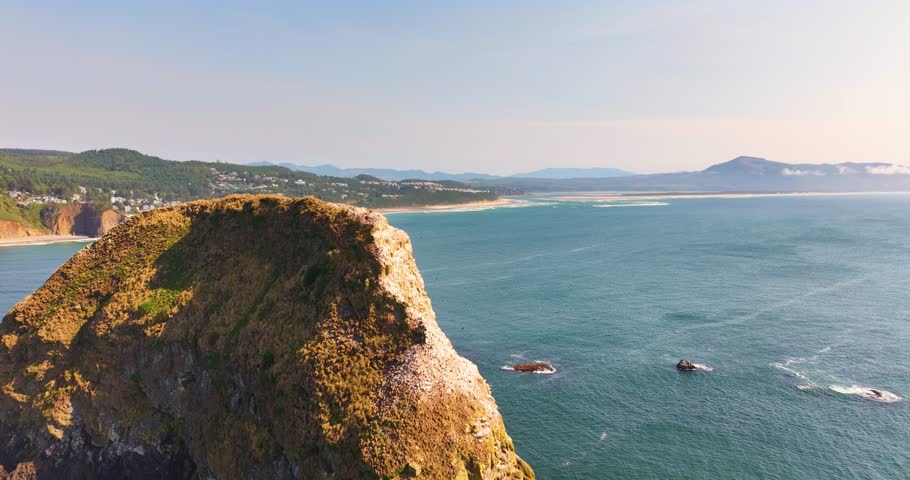 Scenic Aerial of Oceanside Oregon and Arched Rock Formations