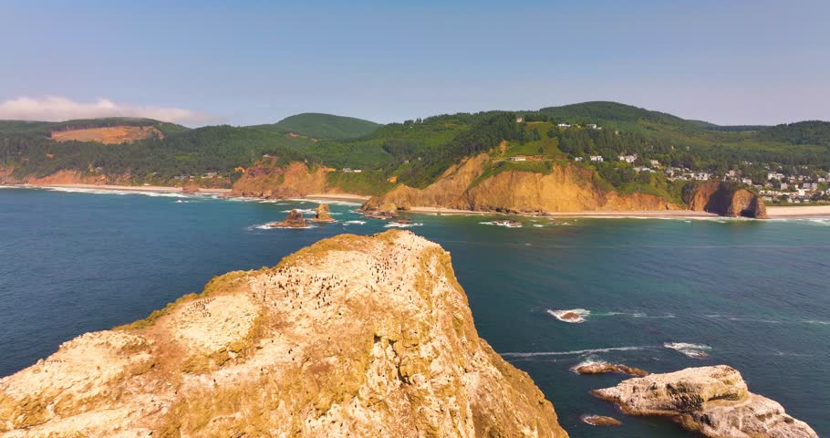 Aerial of Cliffside and Rock Outcroppings near Oceanside Oregon