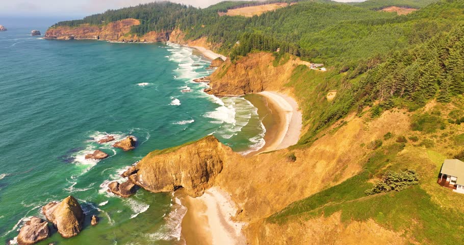 Aerial Drone View of Surfline Along Oregon’s Rugged Shoreline