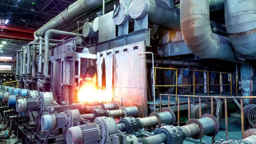 A glowing, red-hot steel beam is processed on a continuous production line in a heavy industrial factory, moving through powerful rollers amidst complex machinery.