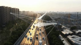 ​An aerial view of a busy urban highway with futuristic digital overlays, visualizing a smart city network monitoring traffic flow and tracking individual vehicles. - Powered by Shutterstock - Get 15% off with code: PIKWIZARD15
