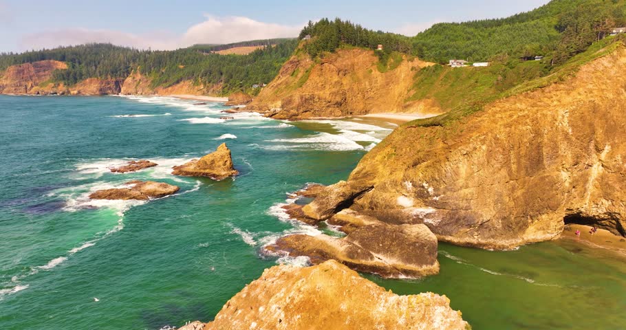 Wide Ocean Horizon and Rocky Outcroppings Along Oregon Coastline