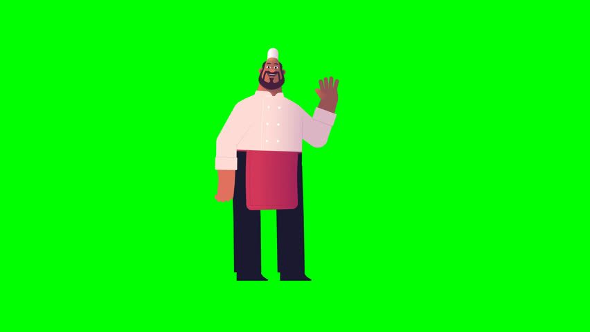 3D chef character waving on green screen, perfect for cooking videos, restaurant promos, digital presentations, and versatile creative projects.