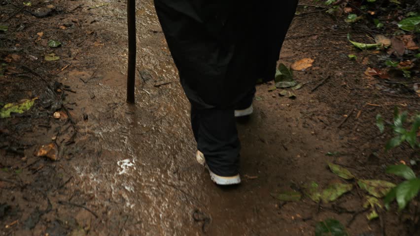 Close Up of Female Legs Walking on Muddy Jungle Trail in Rain, Adventure Travel in Chiang Mai Thailand