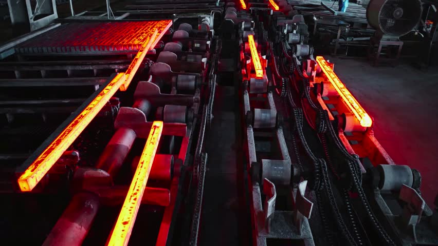 Extremely hot steel billets produced by continuous casting process being stacked by workers at a steel plant in Africa, representing heavy industry and modern metallurgy production.