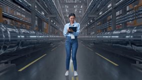 Full Body Side View Of An Asian Female Professional Worker Standing With Her Tablet In a In Big Warehouse Filled With Metal Pipes, Typing And Dissapionted With Nodding Her Shead - Powered by Shutterstock - Get 15% off with code: PIKWIZARD15