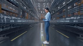 Full Body Side View Of An Asian Female Professional Worker With Her Laptop In a In Big Warehouse Filled With Metal Pipes, She Raises Her Fist Up With Screaming Goal After Typed On The Laptop - Powered by Shutterstock - Get 15% off with code: PIKWIZARD15