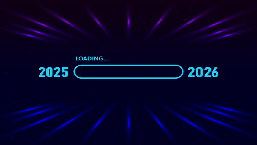 Blue loading bar from 2025 to 2026 on futuristic digital room with glowing blue grid walls and neon lights. - Powered by Shutterstock - Get 15% off with code: PIKWIZARD15