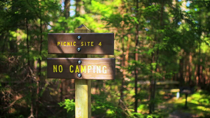 Sign wooden signpost for picnic table bench site and no camping at Gaudineer knob mountain of Monongahela national forest, West Virginia rack focus