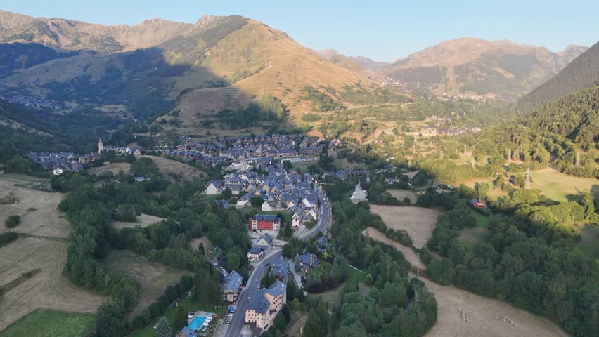 Aerial View Mountain Village Road Pyrenees Valley Daytime