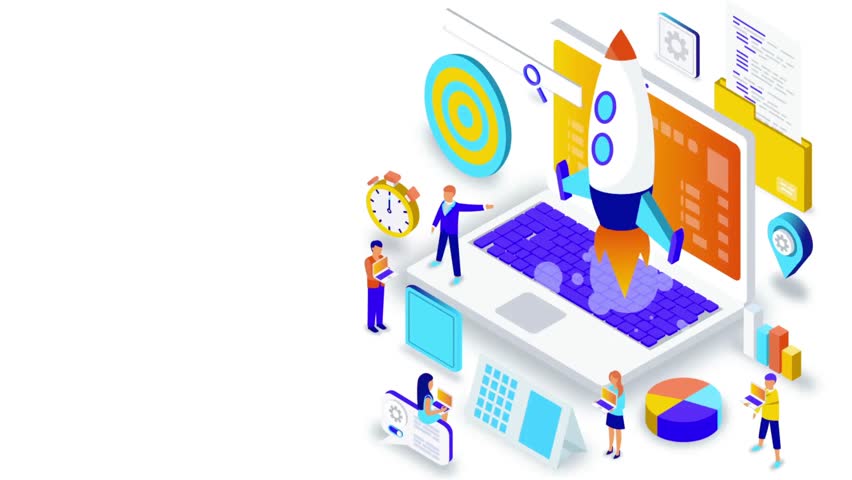 Business startup isometric animation featuring modern flat-style characters, office elements, charts, and creative icons. Perfect for corporate presentations, startup pitch decks, financial growth exp