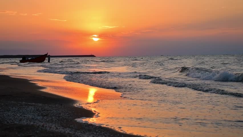 Static panoramic view beautiful romantic sunset in Bandar Anzali on caspian sea coast
