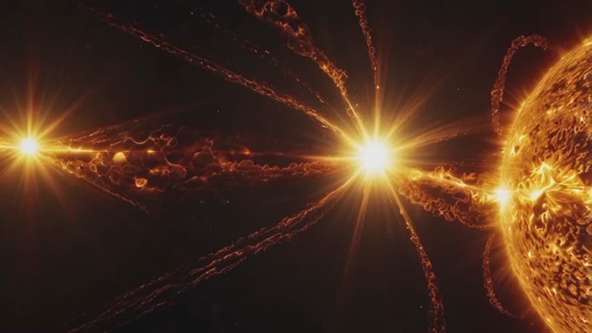 A dramatic and intense space scene. The most prominent object is a blazing celestial sphere, resembling the sun or a star, on the right side of the frame.