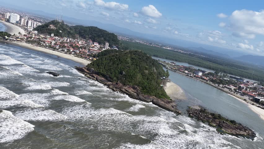 Itanhaem Skyline In Itanhaem Sao Paulo Brazil. Aerial View Of Stunning Beach With Crystal Clear Waters. Business Clouds Sky Downtown Cityscape. Backgrounds Panorama. Itanhaem Sao Paulo.