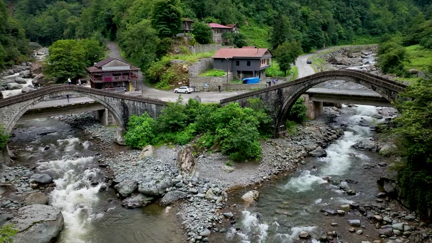 Historical bridges and rivers firtina rivers and cifte bridge Turkey. Old and historic bridges green nature, on river Artvin turkey. 