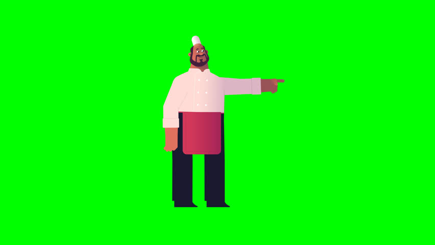 3D chef character on green screen performing pointing gesture, ideal for cooking presentations, culinary projects, food industry videos, explainer assets, and creative visual content.