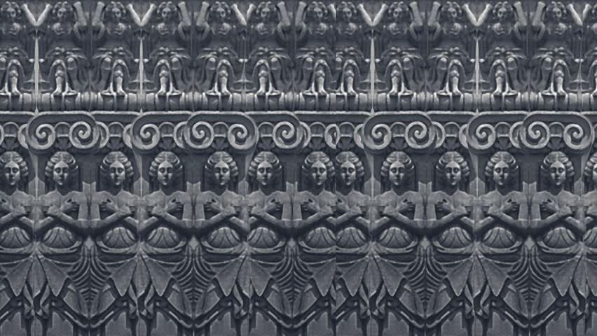Front view human figure grey colors stone scuplture ornament pattern panning motion photo animation looped video