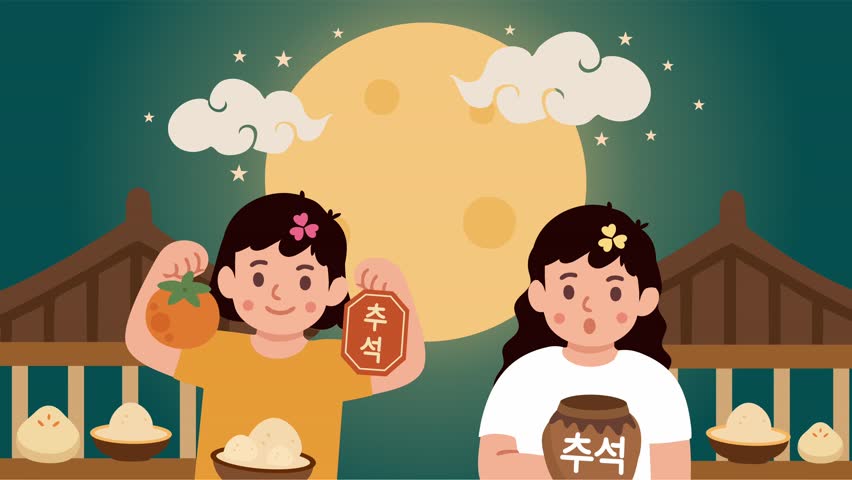 Children holding food and lanterns under bright Chuseok moon