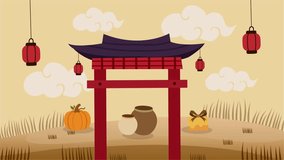 Red traditional gate with lanterns pumpkins and offerings for Chuseok - Powered by Shutterstock - Get 15% off with code: PIKWIZARD15