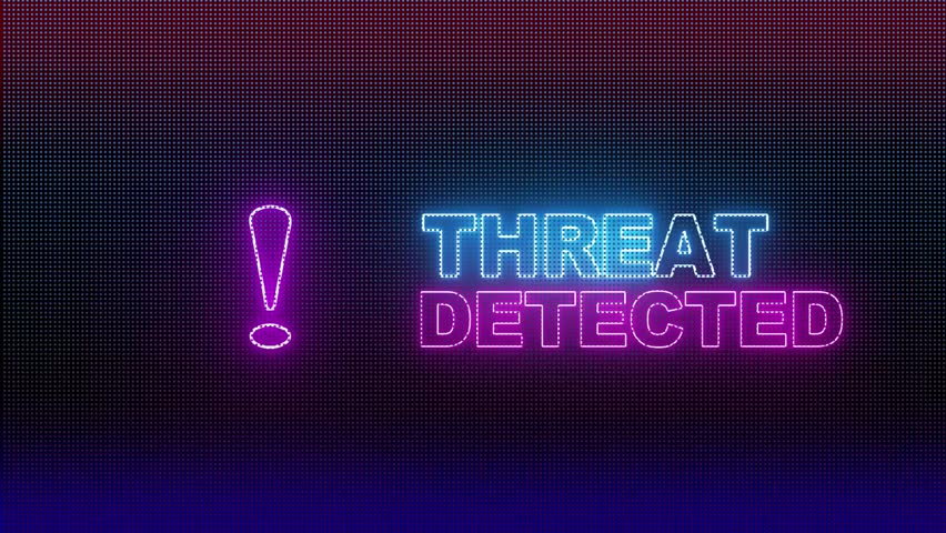 THREAT DETECTED Warning Alert Screen loop Blinking glitch error Animation. Coputer internet cyber security. Cyber crime, Hacking attack virus detection spyware or digital antivirus malware data
