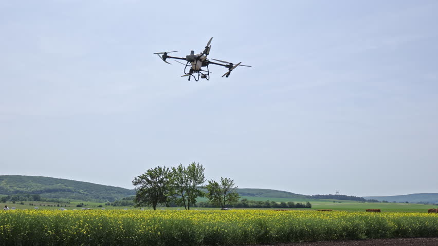Quadcopter drone flying over yellow blooming field with trees and hills in background, unmanned aerial vehicle hovering outdoors on summer day for technology use