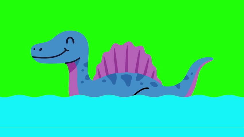 Cartoon animation of a blue Spinosaurus with pink sail on its back swimming in light blue water. Green screen background, looping video perfect for kids, dinosaur themes, and educational content.
