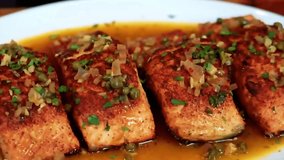 Salmon - Butter Poached Pan Seared Salmon, rich and flaky with creamy texture, plated elegantly for gourmet dining, restaurant menus, and seafood promotions. - Powered by Shutterstock - Get 15% off with code: PIKWIZARD15