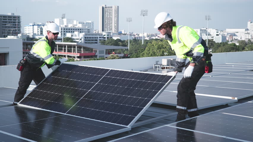 Technicians installing solar panel on city rooftop