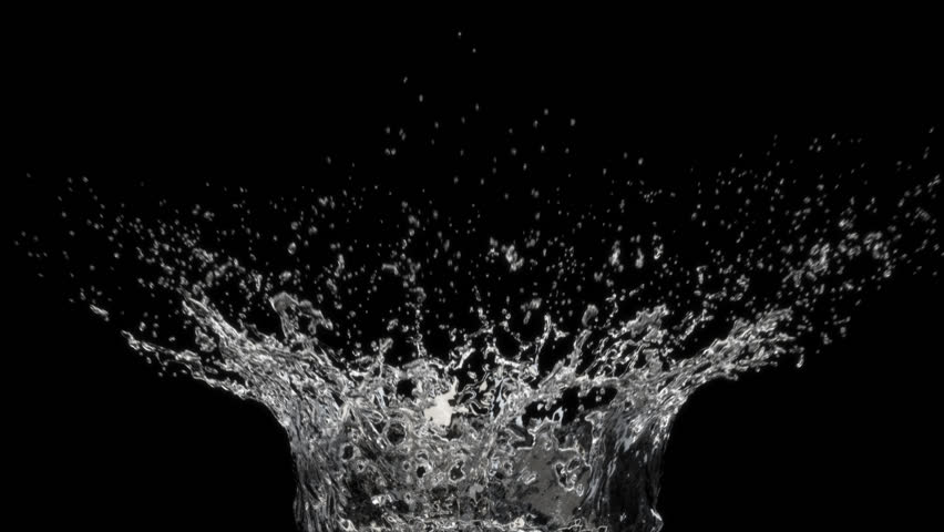 This stock motion graphics video shows of water droplets falling and splashing in super slow motion on a black 