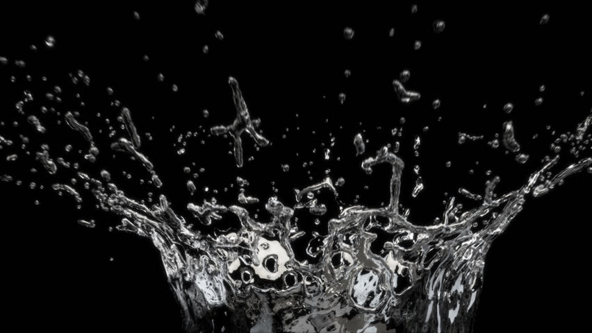 This stock motion graphics video shows of water droplets falling and splashing in super slow motion on a black 