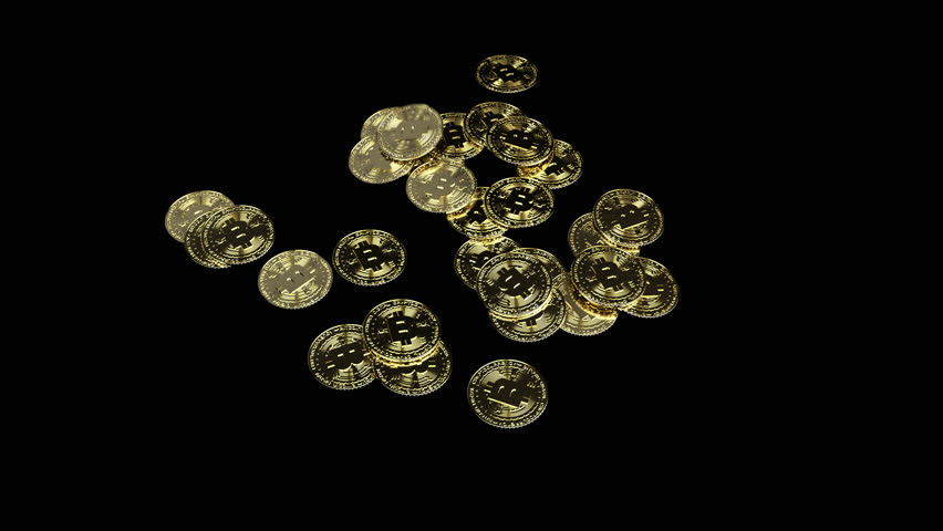 Vibrant bitcoins spinning and falling with subtle reflections, creating a mesmerizing visual for promotions, celebrations, or luxury brand advertisements.