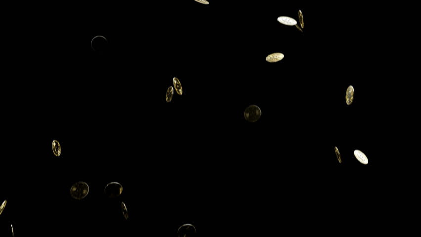 Vibrant bitcoins spinning and falling with subtle reflections, creating a mesmerizing visual for promotions, celebrations, or luxury brand advertisements.