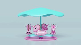 a charming animated carousel featuring pink unicorn horses under a blue canopy, set on a light blue backdrop - Powered by Shutterstock - Get 15% off with code: PIKWIZARD15
