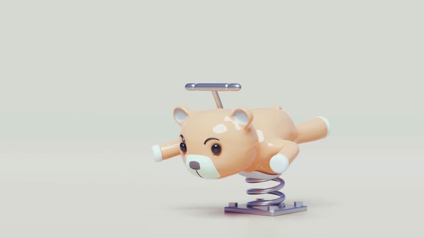 a tan bear spring rider toy sits on a gray surface with a handle and spring base in the center frame
