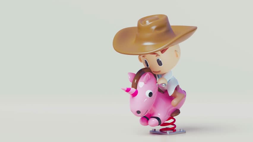 a cartoon cowboy figure riding a pink unicorn spring toy on a plain white background in a studio setting