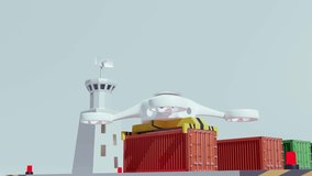 a cartoon style scene of a drone carrying a container on a ship with a tower and other containers - Powered by Shutterstock - Get 15% off with code: PIKWIZARD15