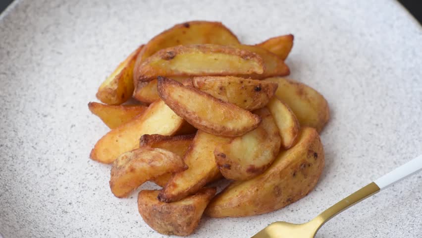 Grilled potato wedges with rosemary, cheese, salt and spices. Baked potato slices on a dark concrete background
