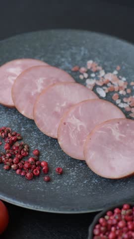 Sliced ham, meat, pork or turkey sausage for sandwiches. Ham slices, food, background for your design