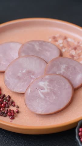 Sliced ham, meat, pork or turkey sausage for sandwiches. Ham slices, food, background for your design