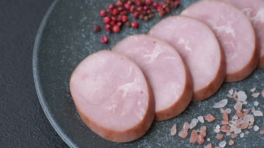 Sliced ham, meat, pork or turkey sausage for sandwiches. Ham slices, food, background for your design