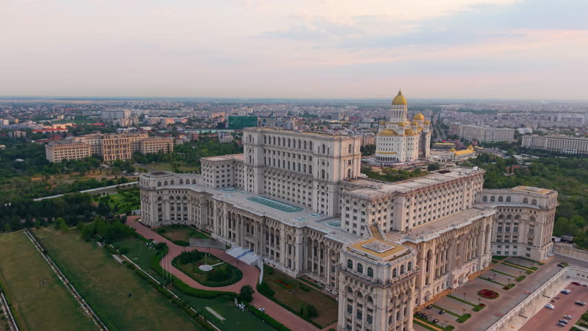 Aerial View of Bucharests Iconic Palace Parliament beautifully at Dusk. Romania