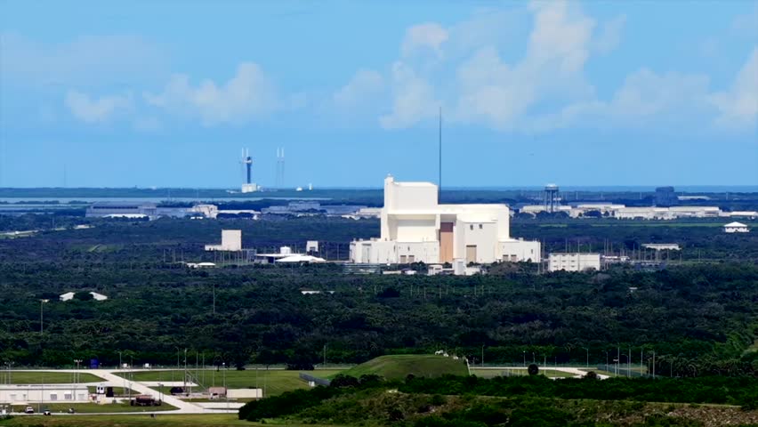 Cape Canaveral rocket launch and storage facilities. 1080p aerial parallax video closeup