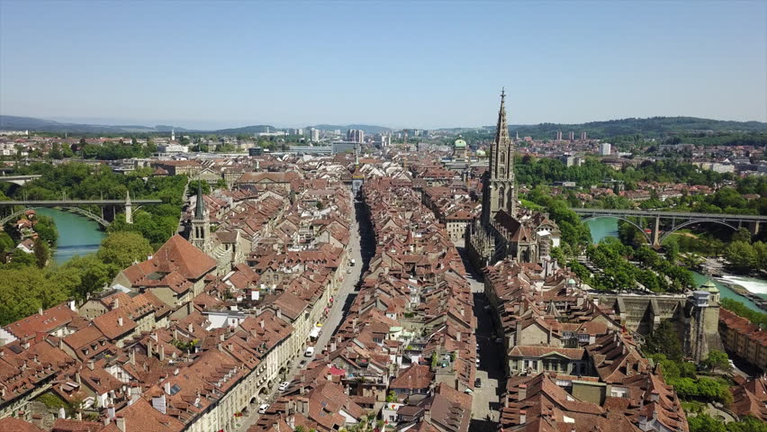 bern city center traffic street sunny day riverside aerial panorama 4k switzerland