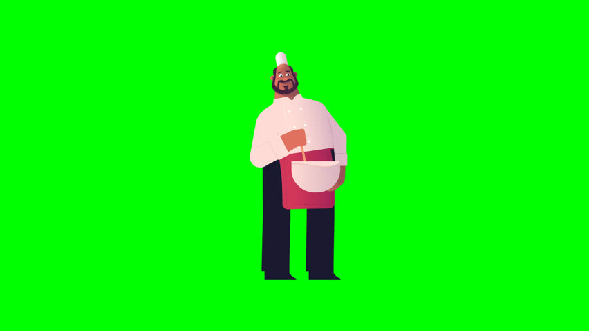 3D animated chef character on green screen holding a bowl, perfect for cooking tutorials, restaurant promotions, culinary presentations, and versatile digital video projects